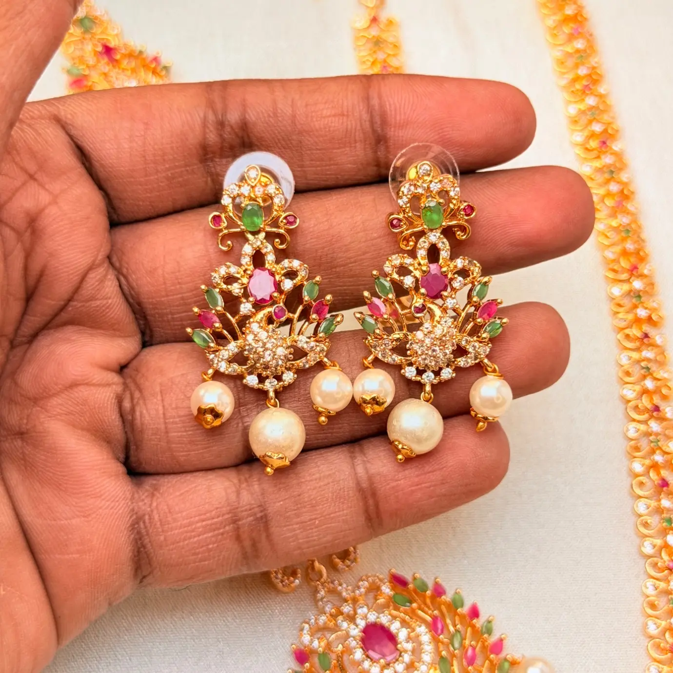 Gold Replica Matte Antique Mayuri (Peacock) Bridal Combo – Short & Long Neckpiece, Matching Earrings & Maang Tikka with Ruby-Emerald Kemp Stones & Pearl Drops SJAD043