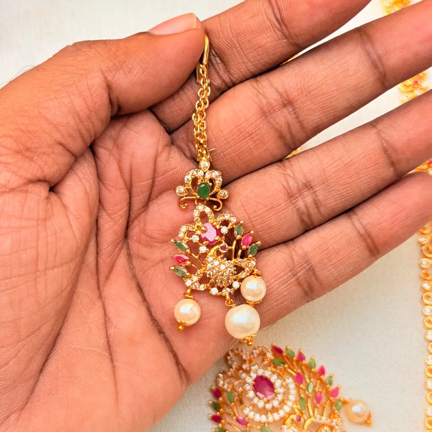 Gold Replica Matte Antique Mayuri (Peacock) Bridal Combo – Short & Long Neckpiece, Matching Earrings & Maang Tikka with Ruby-Emerald Kemp Stones & Pearl Drops SJAD043