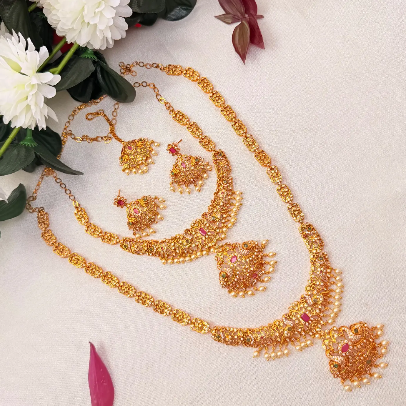 Gold Replica Matte Antique Mayuri (Peacock) Bridal Combo – Short & Long Neckpiece, Matching Jhumka/Drop Earrings & Maang Tikka with Ruby-Emerald Kemp Stones & Pearl Drops SJAD044