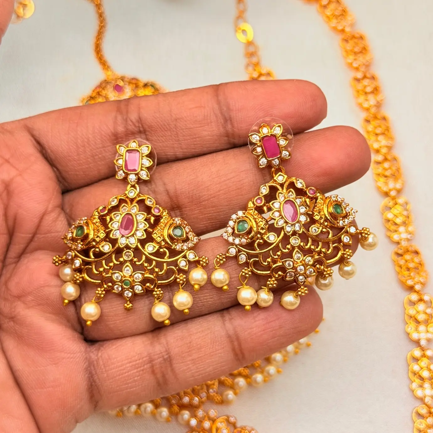 Gold Replica Matte Antique Mayuri (Peacock) Bridal Combo – Short & Long Neckpiece, Matching Jhumka/Drop Earrings & Maang Tikka with Ruby-Emerald Kemp Stones & Pearl Drops SJAD044