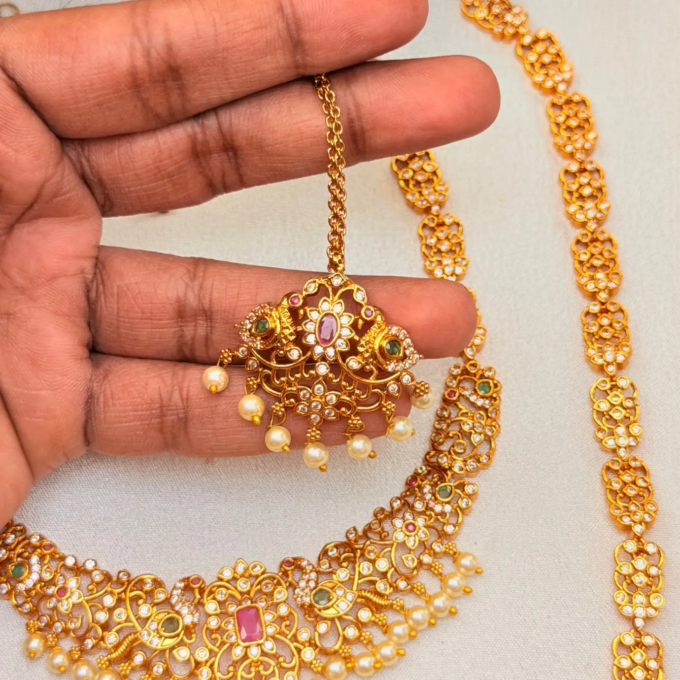 Gold Replica Matte Antique Mayuri (Peacock) Bridal Combo – Short & Long Neckpiece, Matching Jhumka/Drop Earrings & Maang Tikka with Ruby-Emerald Kemp Stones & Pearl Drops SJAD044