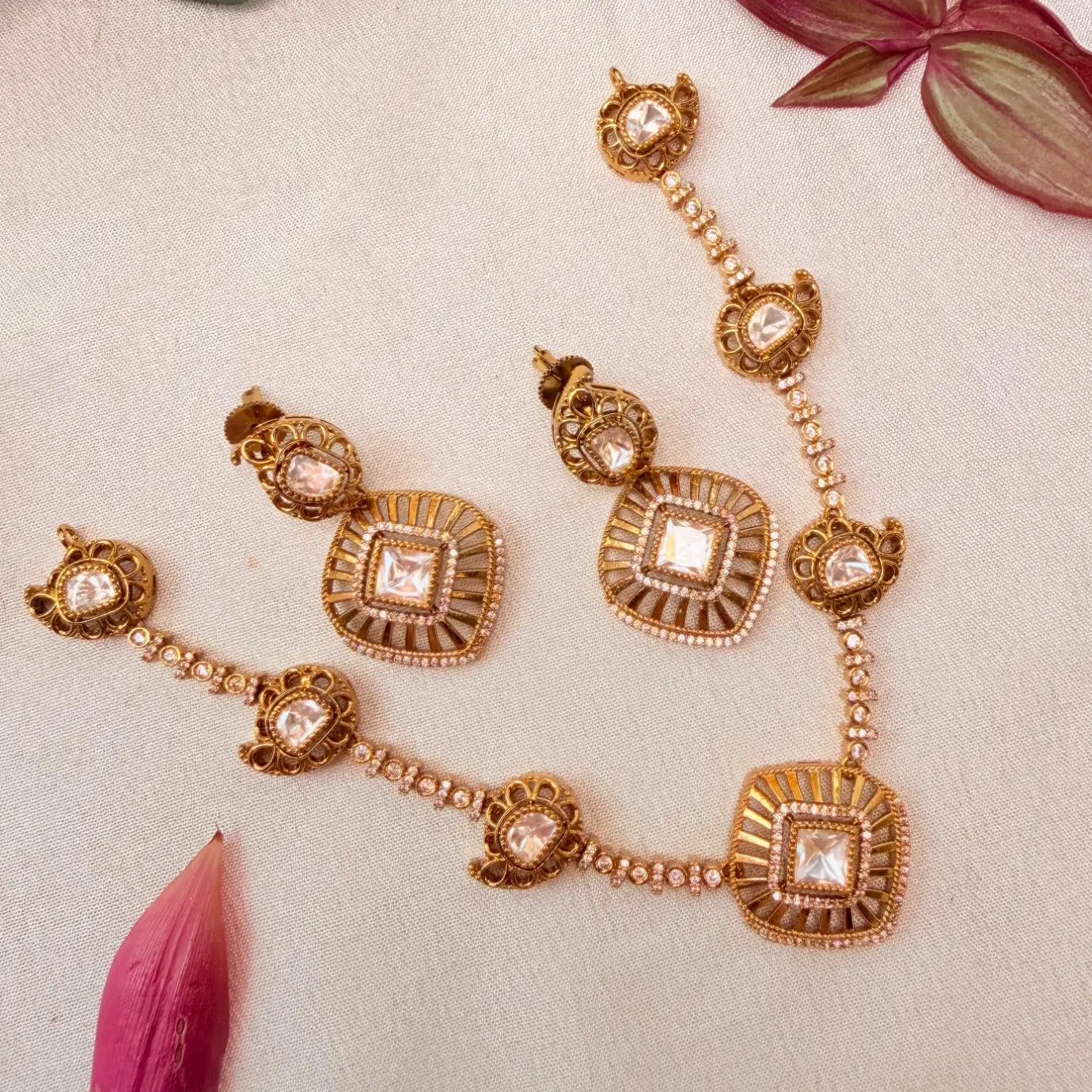 Kundan & Cushion-Cut Uncut Stone Geometric Neckpiece with Micro-Pave CZ Detailing & Matching Statement Earrings SJAD048