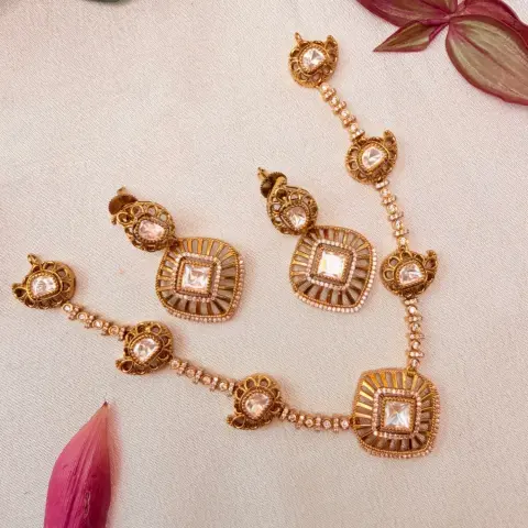 Kundan & Cushion-Cut Uncut Stone Geometric Neckpiece with Micro-Pave CZ Detailing & Matching Statement Earrings SJAD048