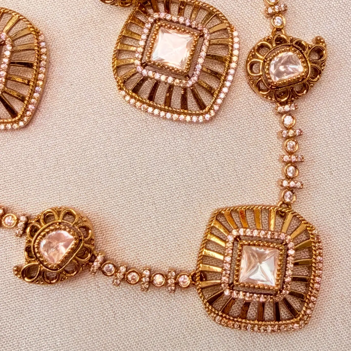 Kundan & Cushion-Cut Uncut Stone Geometric Neckpiece with Micro-Pave CZ Detailing & Matching Statement Earrings SJAD048