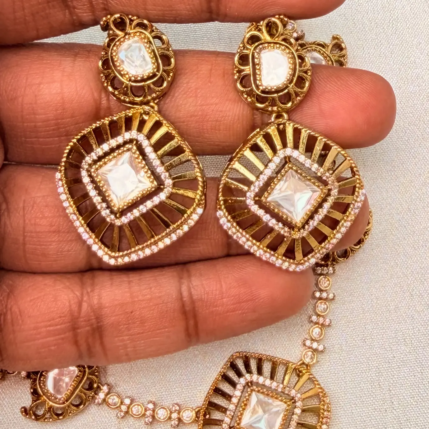 Kundan & Cushion-Cut Uncut Stone Geometric Neckpiece with Micro-Pave CZ Detailing & Matching Statement Earrings SJAD048