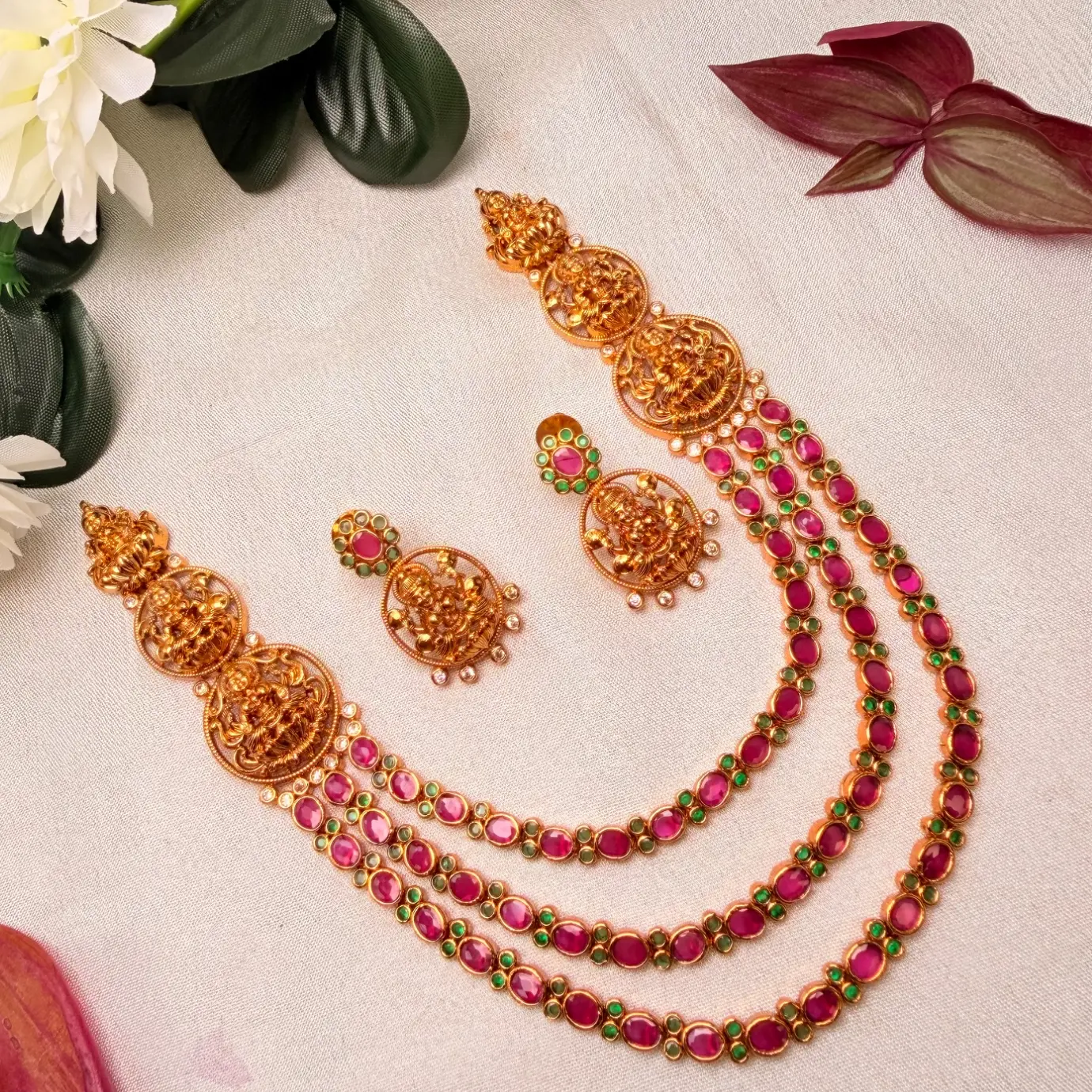 Multi-Strand Ruby Kemp & Emerald Stone Step Haram with Goddess Lakshmi Side Medallions & Matching Stud Earrings SJAD049