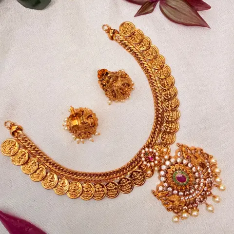 Kasu Mala Short Neckpiece with Grand Peacock & CZ Medallion Pendant & Matching Lakshmi Jhumka Earrings SJAD051