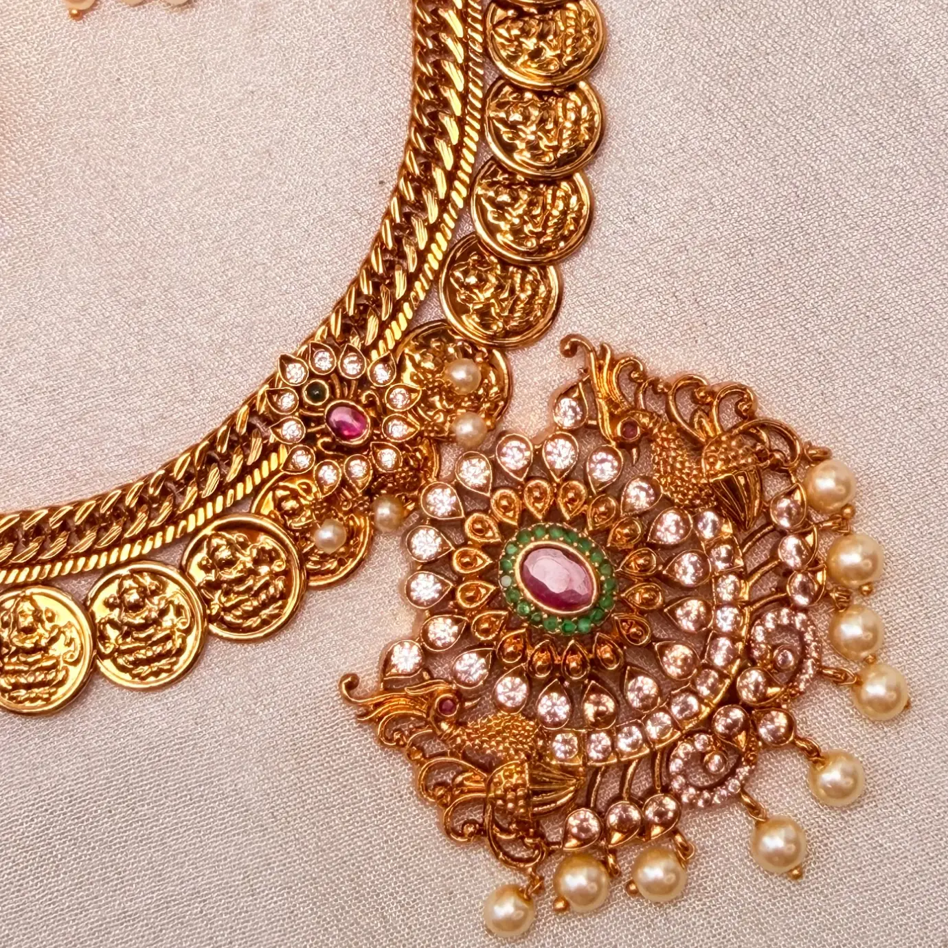 Kasu Mala Short Neckpiece with Grand Peacock & CZ Medallion Pendant & Matching Lakshmi Jhumka Earrings SJAD051