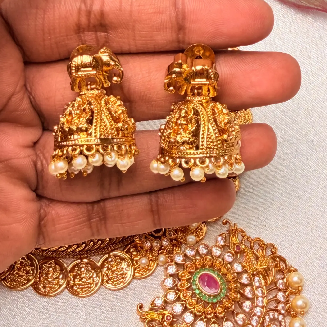 Kasu Mala Short Neckpiece with Grand Peacock & CZ Medallion Pendant & Matching Lakshmi Jhumka Earrings SJAD051