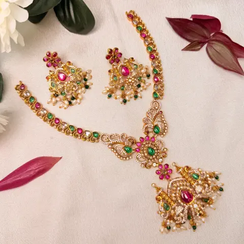 Mayuri (Peacock) Nakshi Neckpiece with Multi-Color Ruby & Emerald Kemp Cabochons, CZ Pave & Pearl Clusters SJAD052