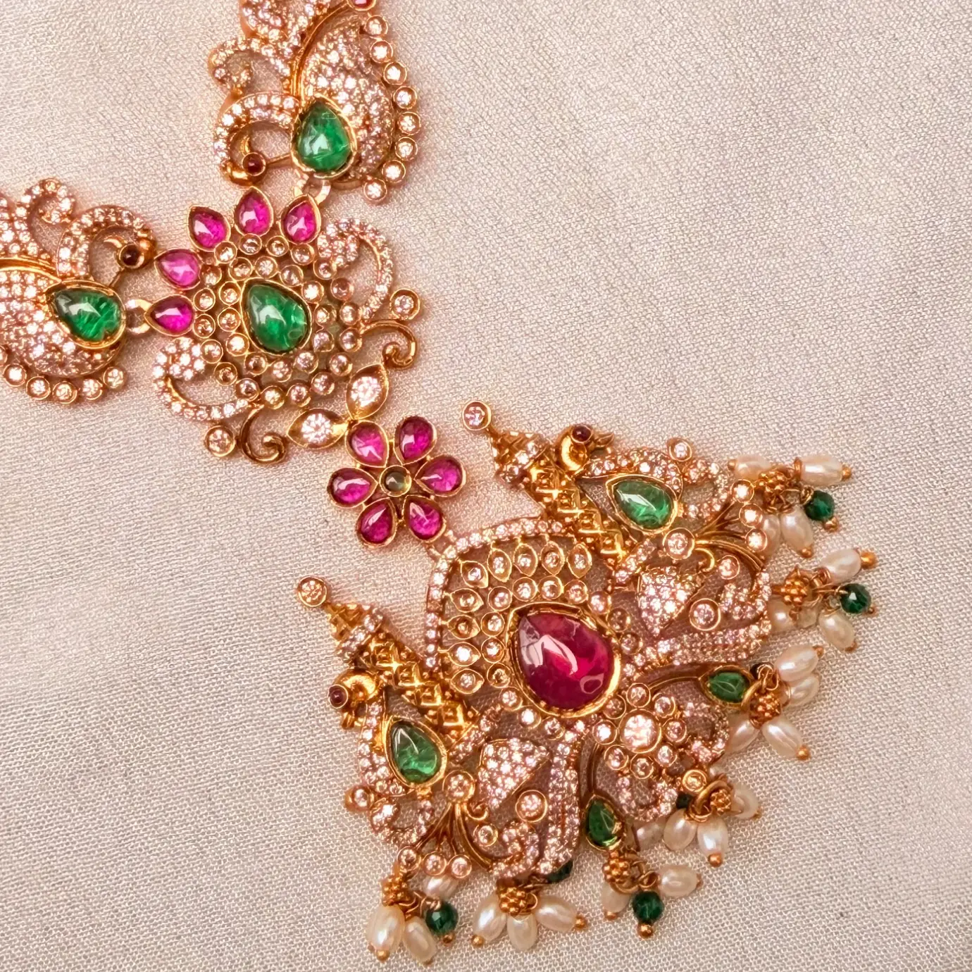 Mayuri (Peacock) Nakshi Neckpiece with Multi-Color Ruby & Emerald Kemp Cabochons, CZ Pave & Pearl Clusters SJAD052