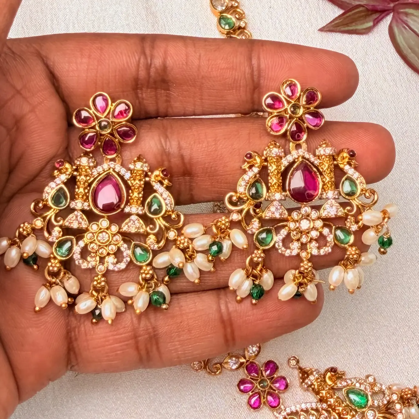 Mayuri (Peacock) Nakshi Neckpiece with Multi-Color Ruby & Emerald Kemp Cabochons, CZ Pave & Pearl Clusters SJAD052
