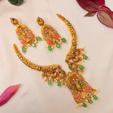 Lord Venugopala / Krishna Nakshi Hasli Collar Neckpiece with Peacock Brooches, Meenakari Detailing & Jade Bead Cluster Drops SJSN081