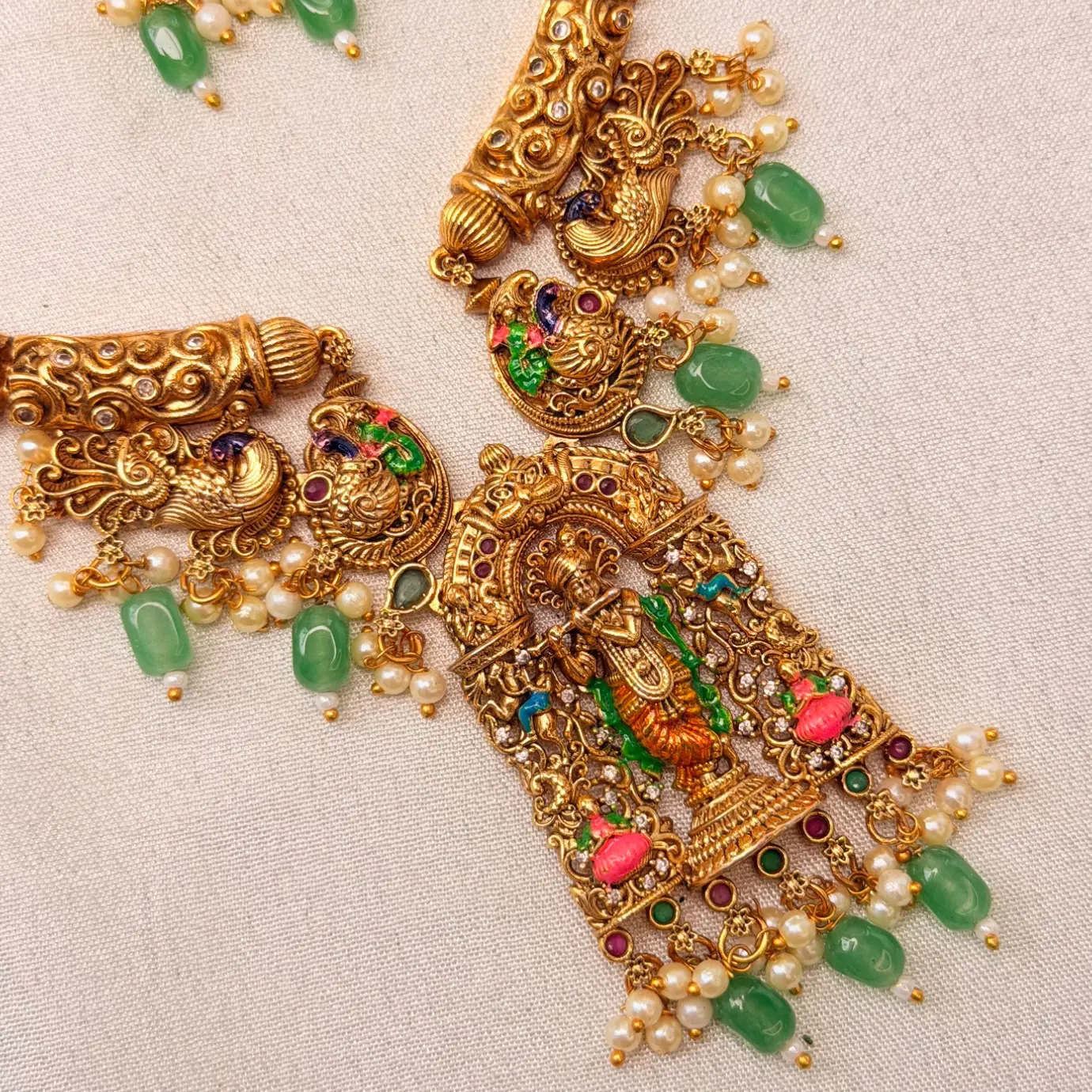 Lord Venugopala / Krishna Nakshi Hasli Collar Neckpiece with Peacock Brooches, Meenakari Detailing & Jade Bead Cluster Drops SJSN081