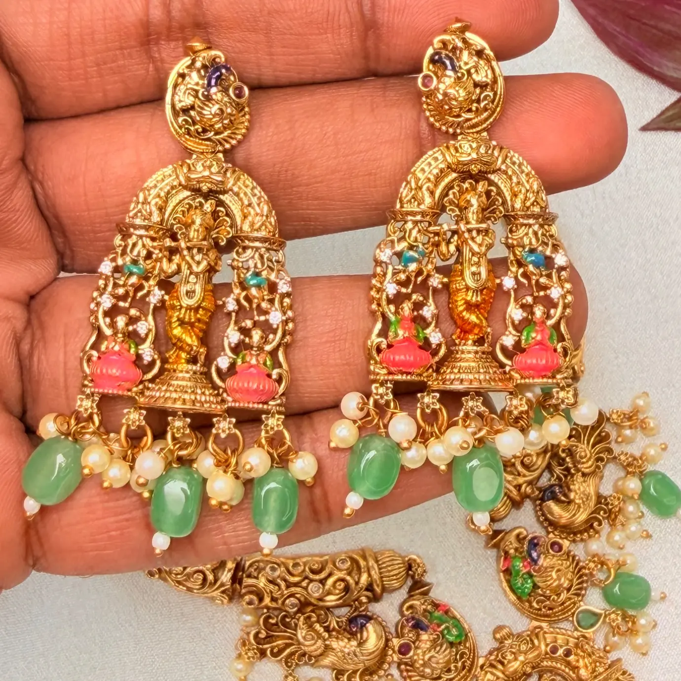 Lord Venugopala / Krishna Nakshi Hasli Collar Neckpiece with Peacock Brooches, Meenakari Detailing & Jade Bead Cluster Drops SJSN081