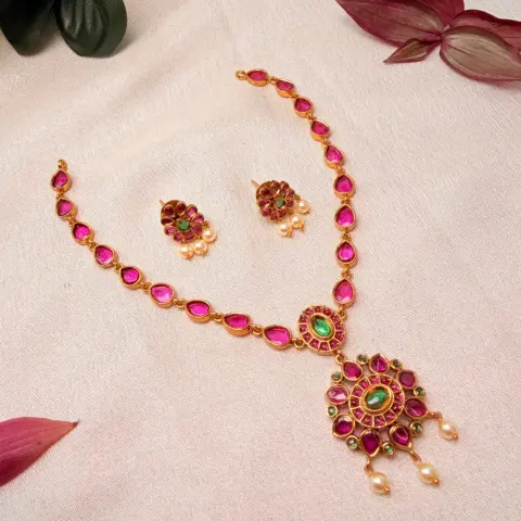 Teardrop Ruby Kemp Necklace with Floral Medallion Pendant & Pearl Cluster Earrings SJAD053