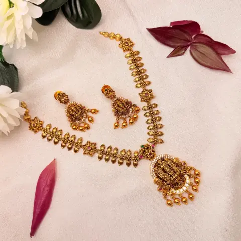 Mango & Floral Motif Nakshi Temple Neckpiece with Seated Goddess Lakshmi Crescent Pendant & Matching Drop Earrings SJSN082