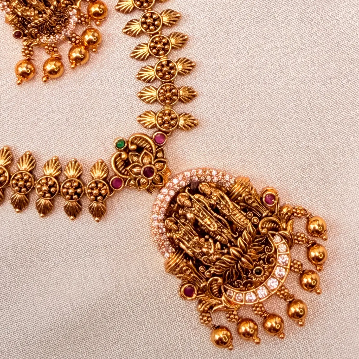 Mango & Floral Motif Nakshi Temple Neckpiece with Seated Goddess Lakshmi Crescent Pendant & Matching Drop Earrings SJSN082