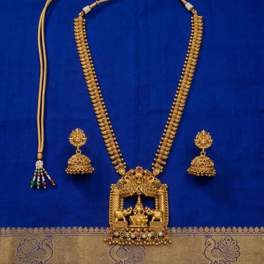 Gold Replica Antique Matte Manga Mala (Mango Haram) with Grand Gajalakshmi Mantap Pendant & Matching Temple Lakshmi Jhumka Earrings