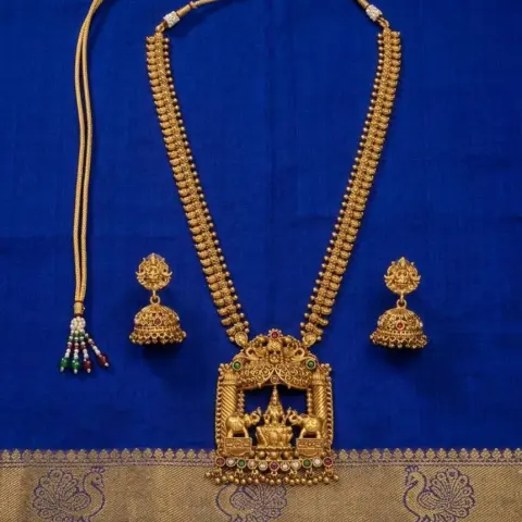 Gold Replica Antique Matte Manga Mala (Mango Haram) with Grand Gajalakshmi Mantap Pendant & Matching Temple Lakshmi Jhumka Earrings