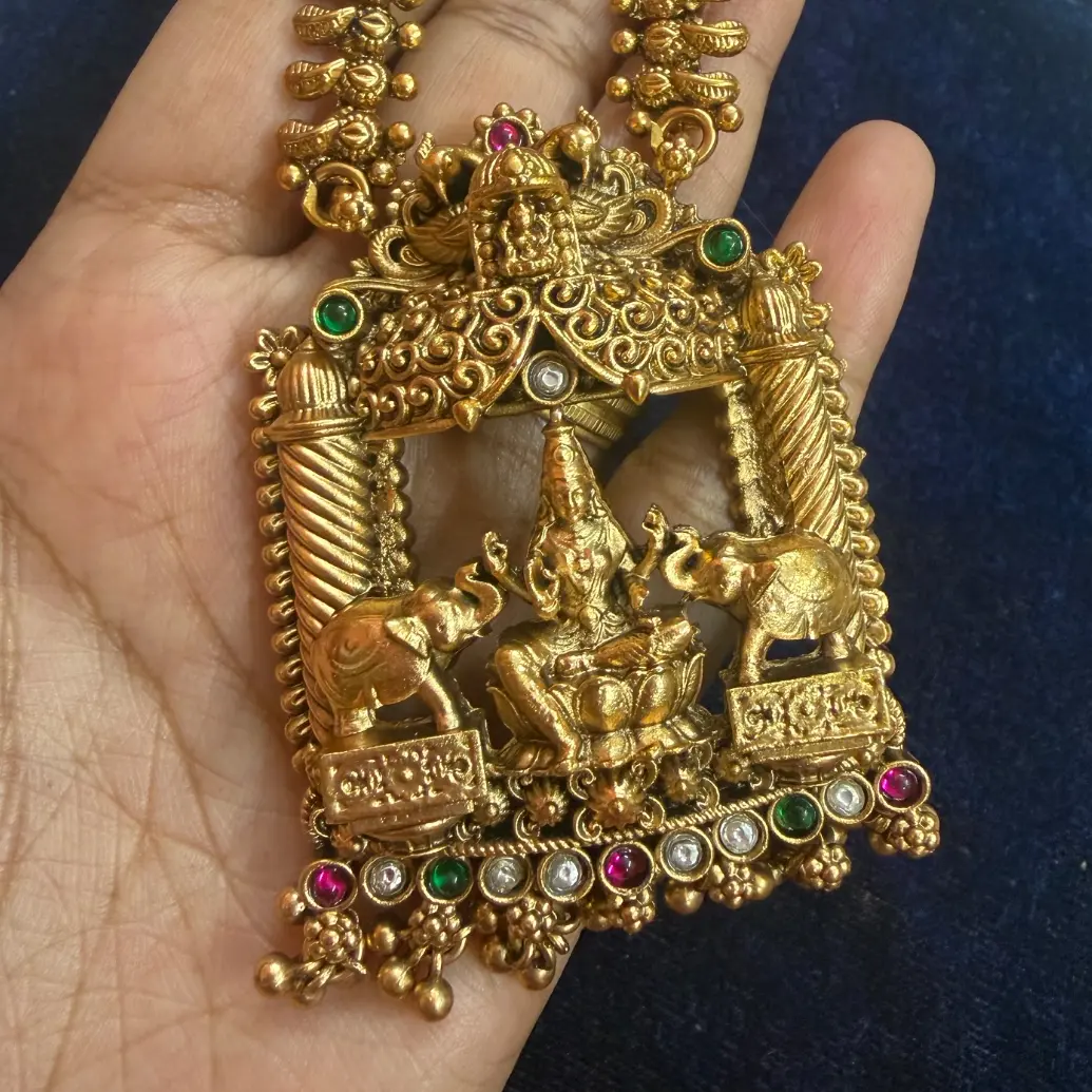 Gold Replica Antique Matte Manga Mala (Mango Haram) with Grand Gajalakshmi Mantap Pendant & Matching Temple Lakshmi Jhumka Earrings