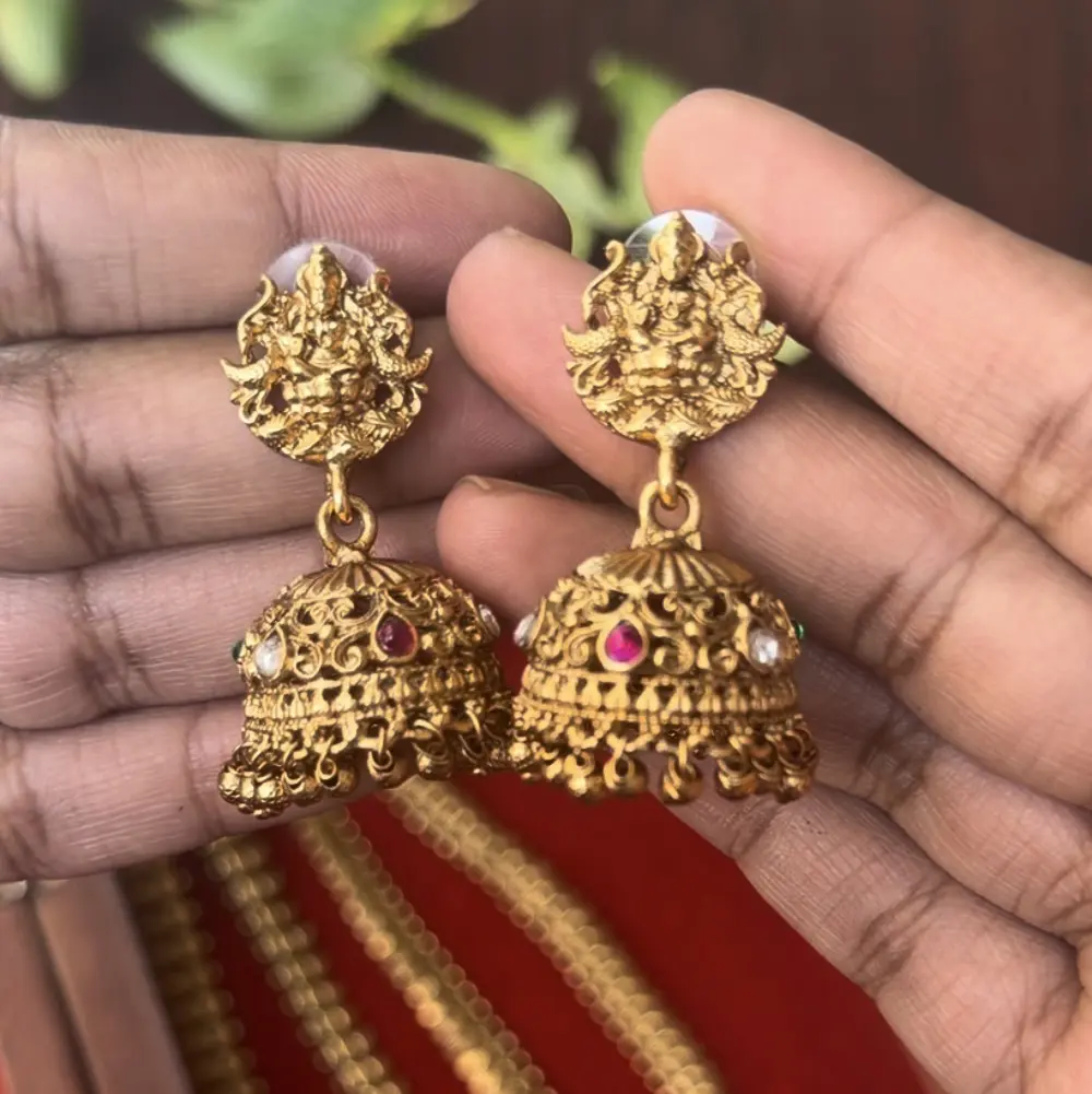 Gold Replica Antique Matte Manga Mala (Mango Haram) with Grand Gajalakshmi Mantap Pendant & Matching Temple Lakshmi Jhumka Earrings