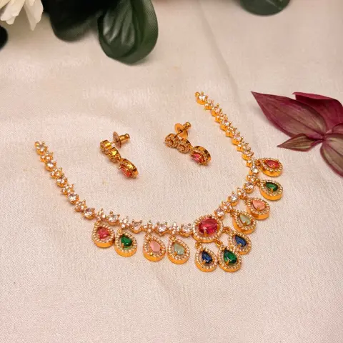 Navratna Multicolored CZ Stone Necklace Set
