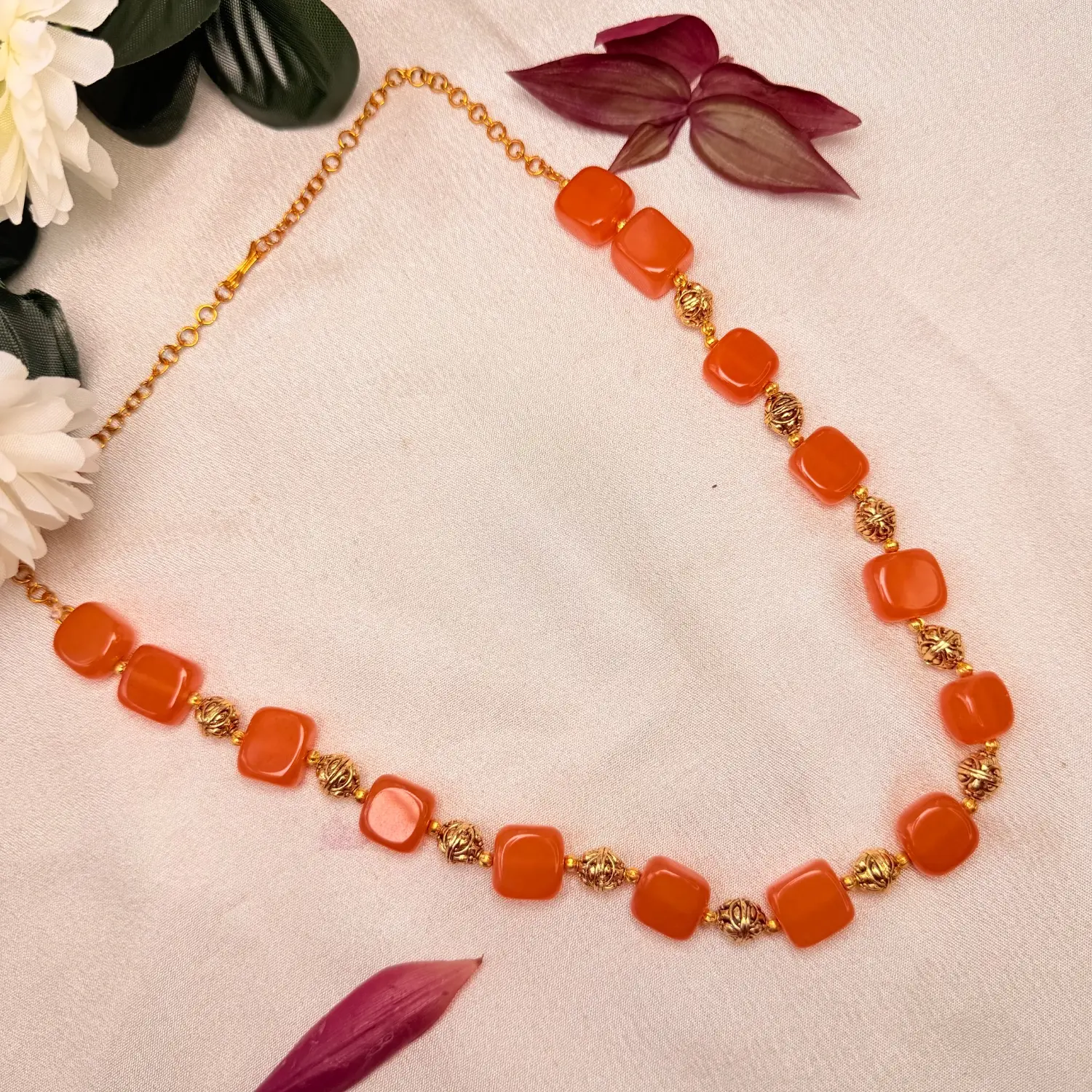 Coral Glow Beaded Long Necklace