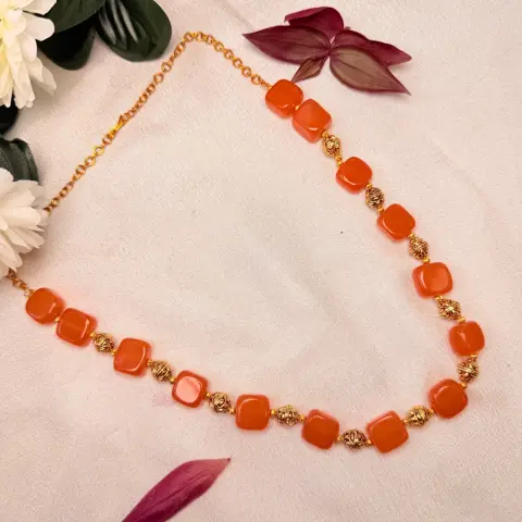 Coral Glow Beaded Long Necklace