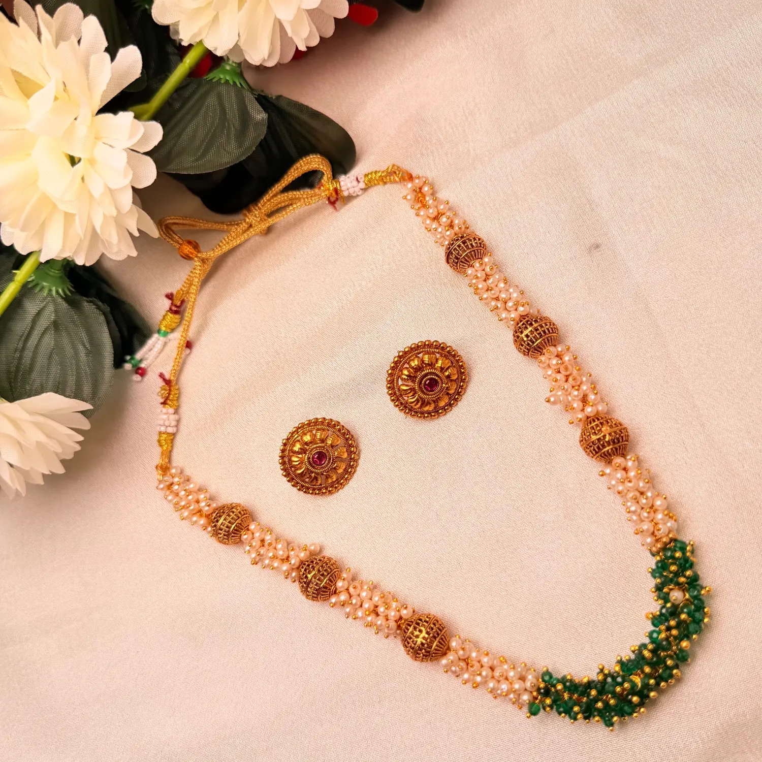 Pearl & Emerald Cluster Beaded Necklace Set