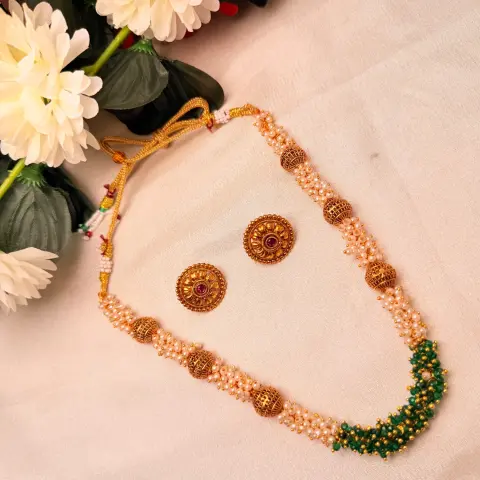 Pearl & Emerald Cluster Beaded Necklace Set