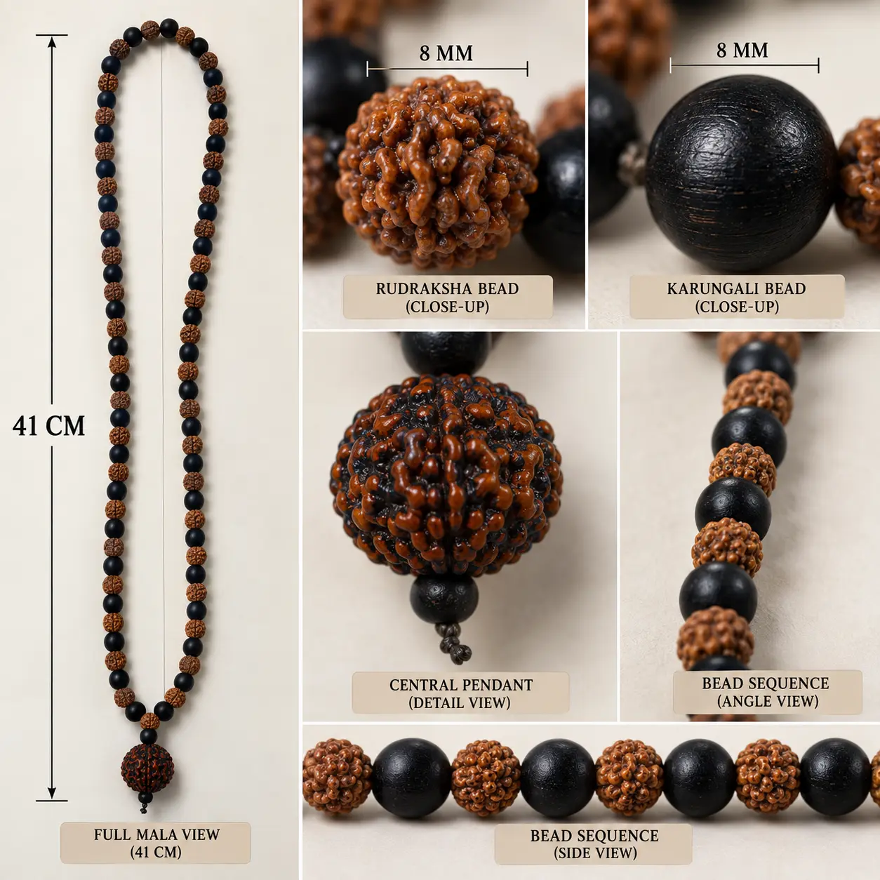 8mm Karungali Rudraksha Mixed Mala with 5 Mukhi Rudraksha Pendant