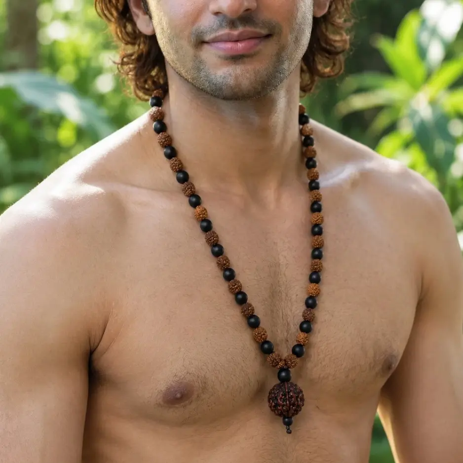 8mm Karungali Rudraksha Mixed Mala with 5 Mukhi Rudraksha Pendant