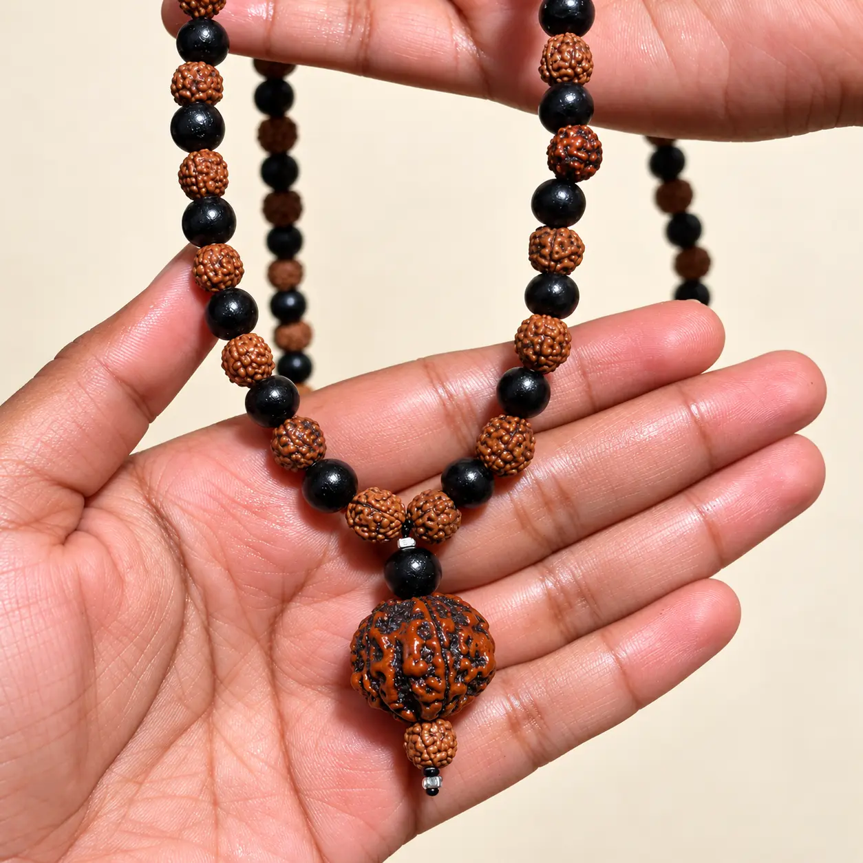 8mm Karungali Rudraksha Mixed Mala with 5 Mukhi Rudraksha Pendant