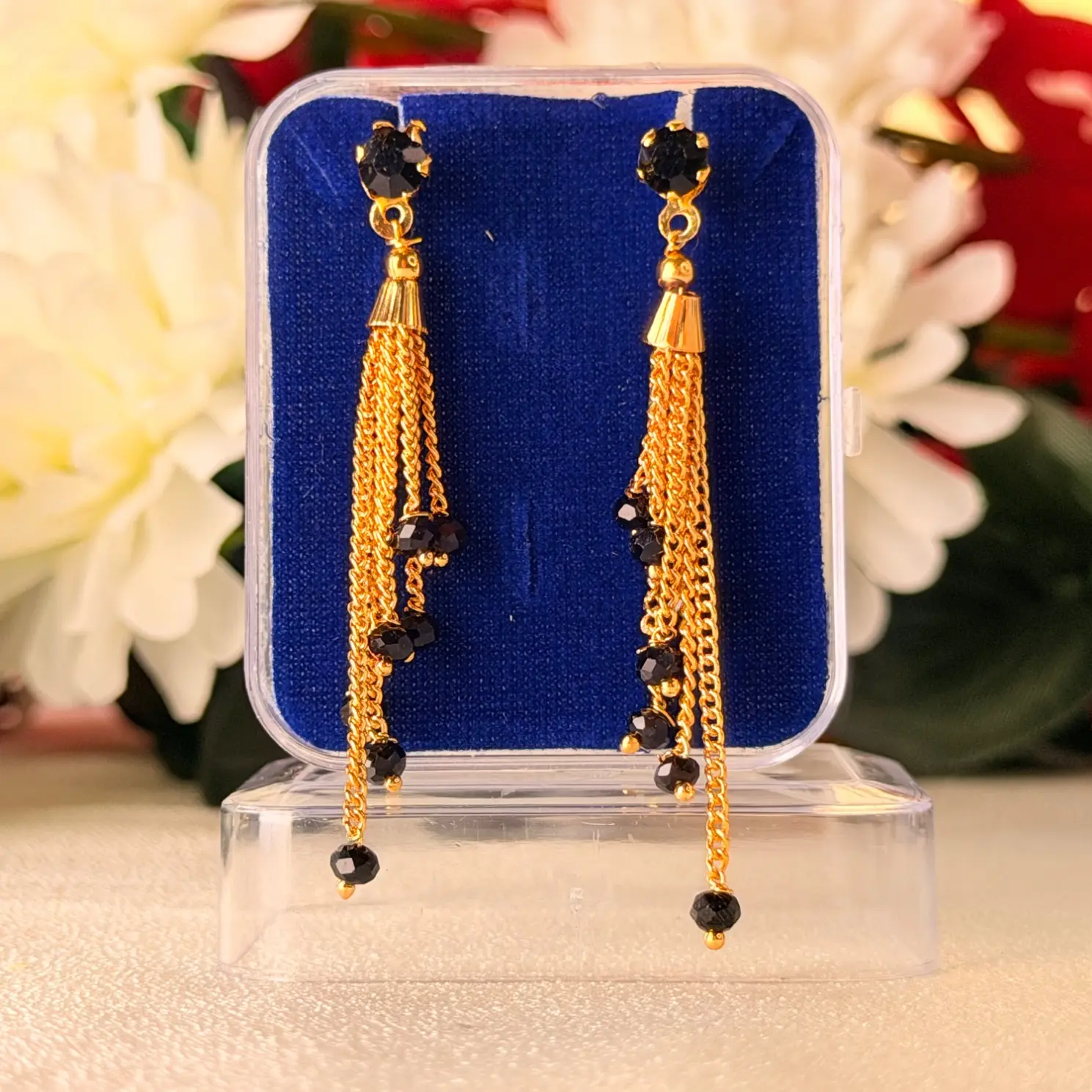 Cascading Black Bead Tassel Earrings