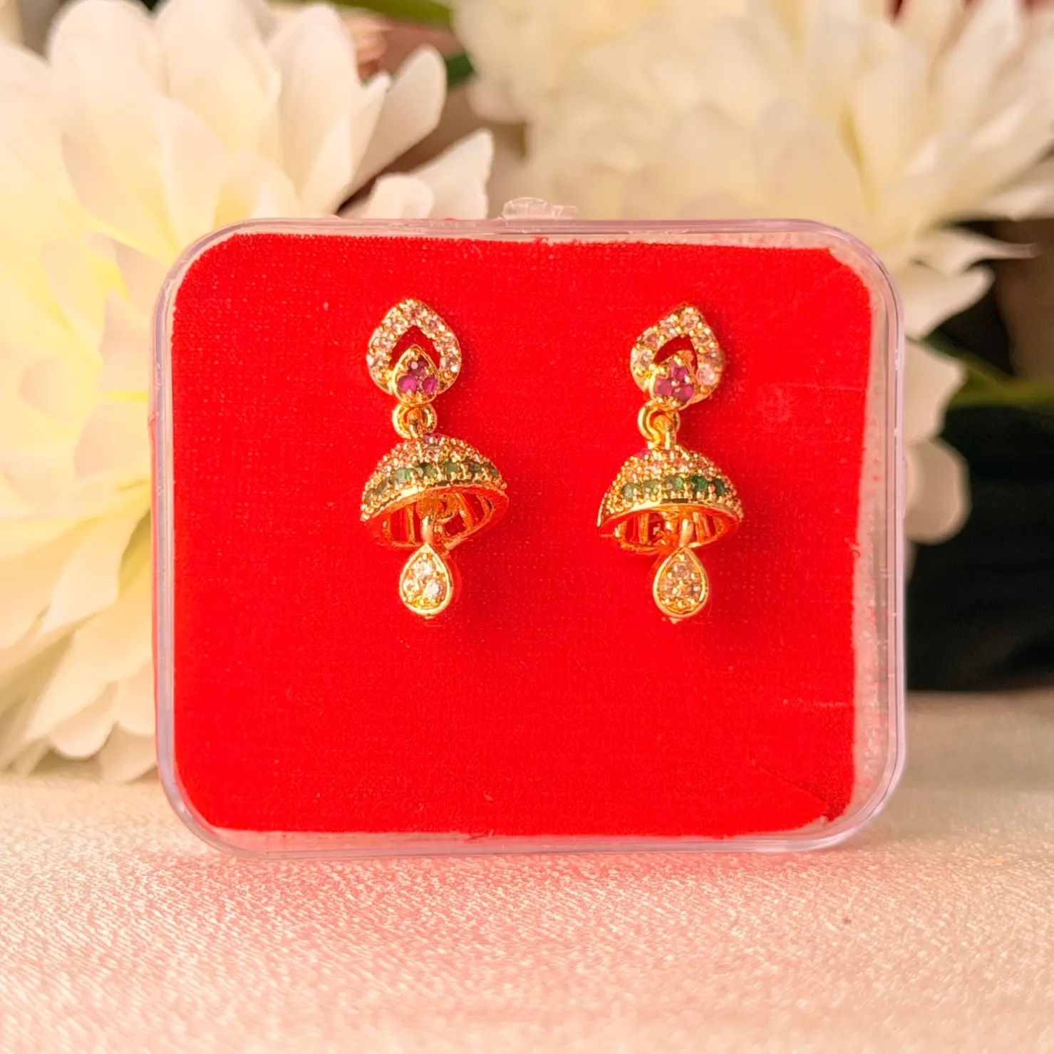Ruby & Emerald CZ Temple Jhumkas