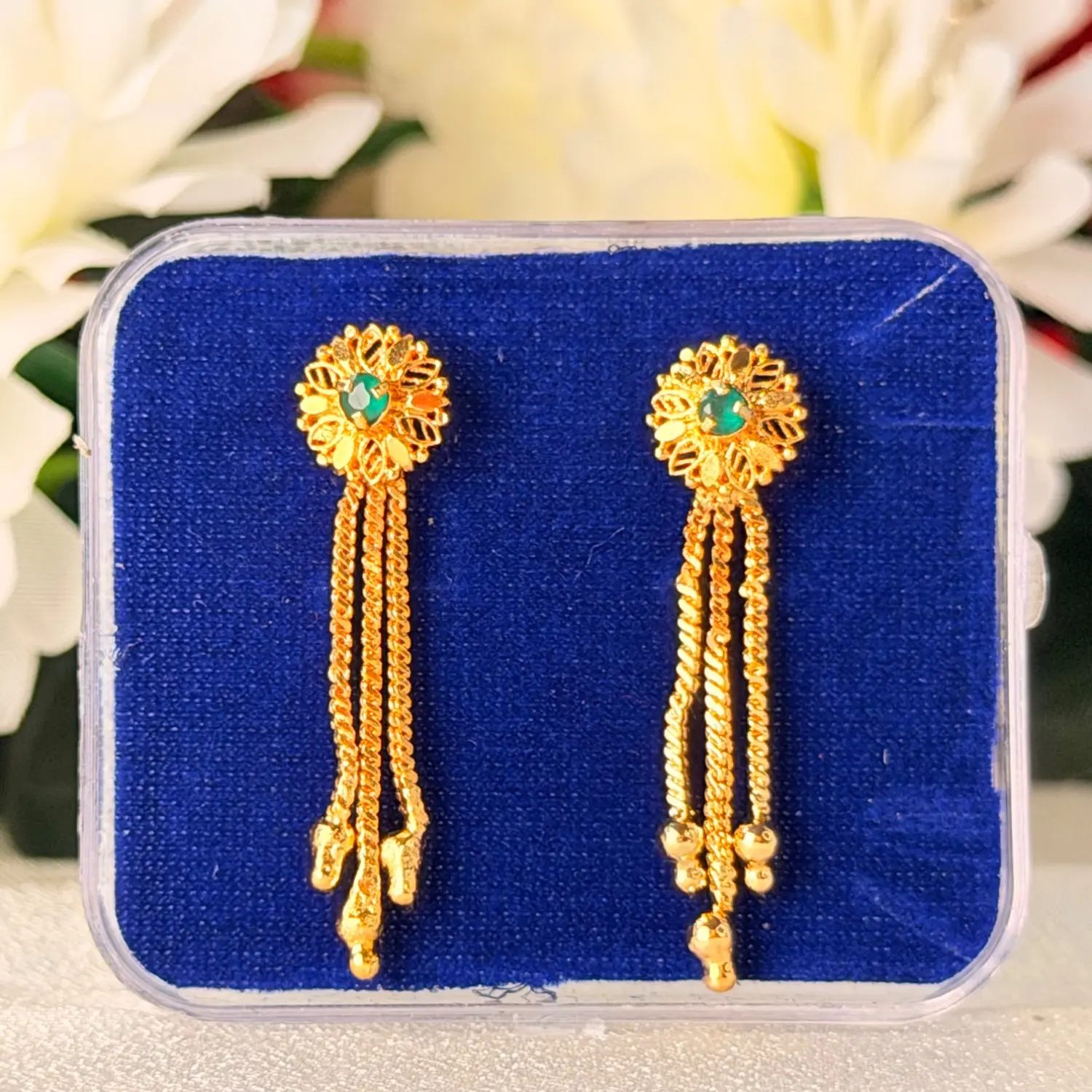 Floral Emerald Accent Tassel Drop Earrings