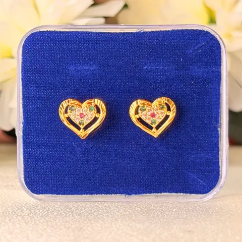 Navratna Double Heart CZ Stud Earrings