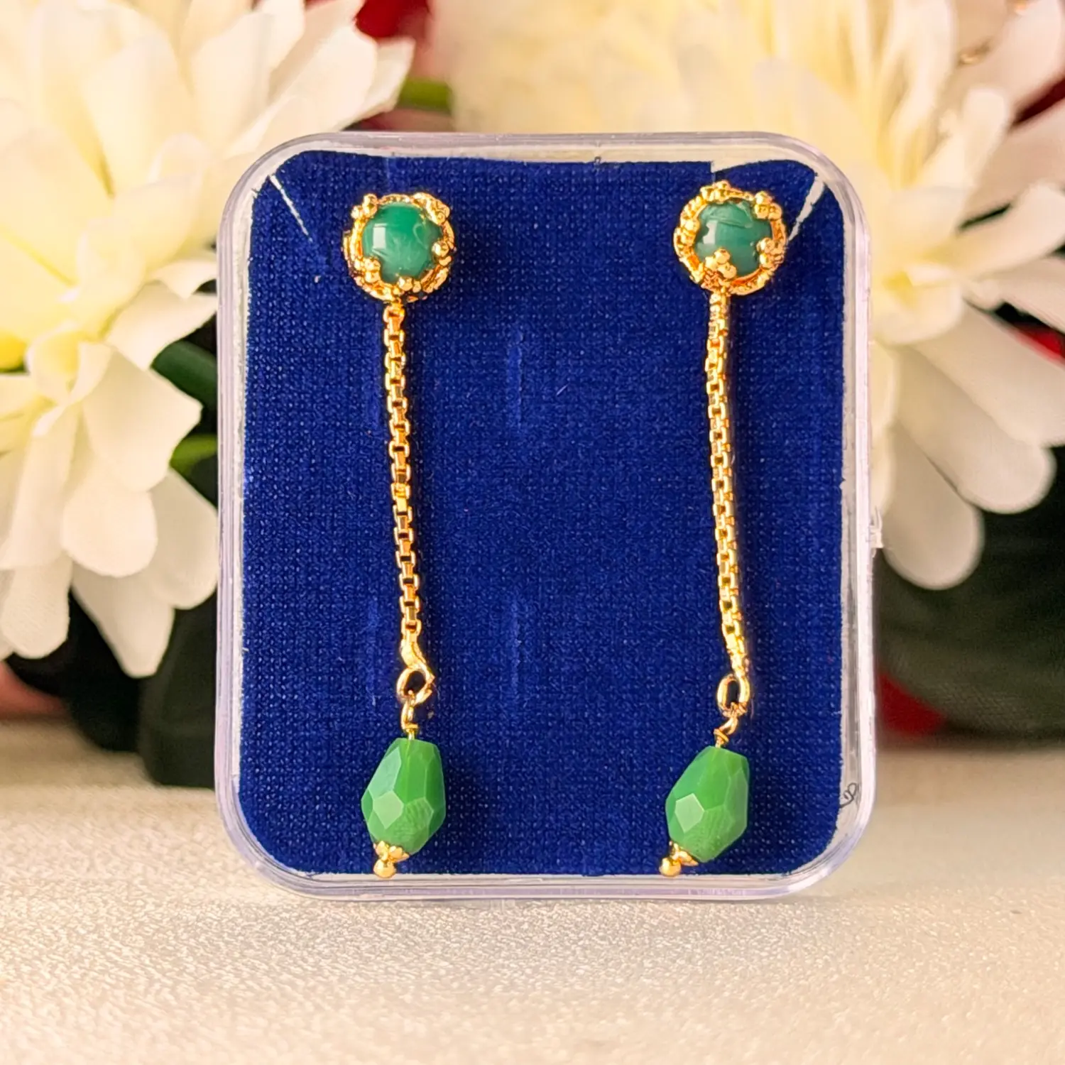 Emerald Bead Drop Chain Earrings