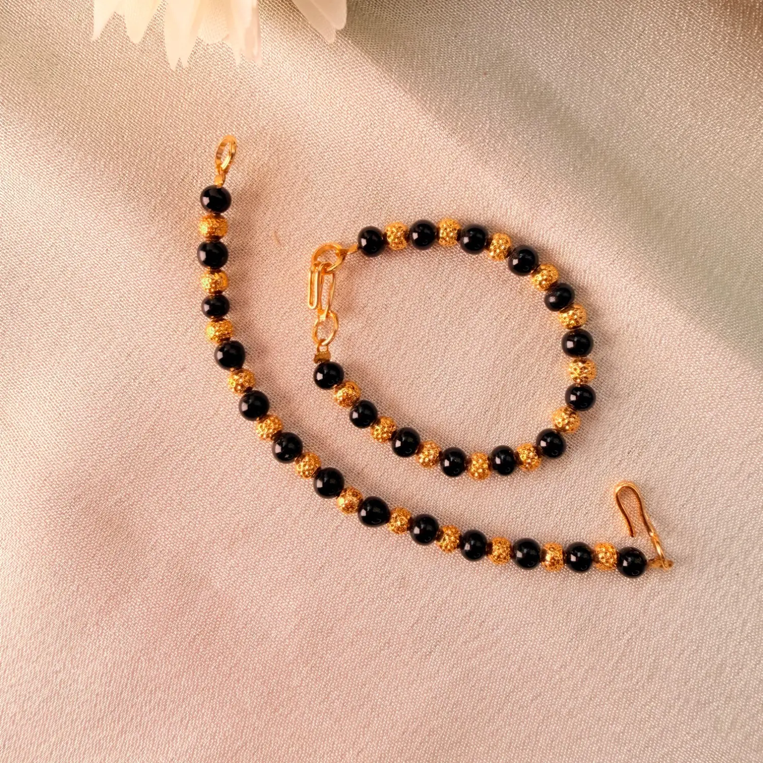 Auspicious Black Bead & Textured Gold Ball Bracelet