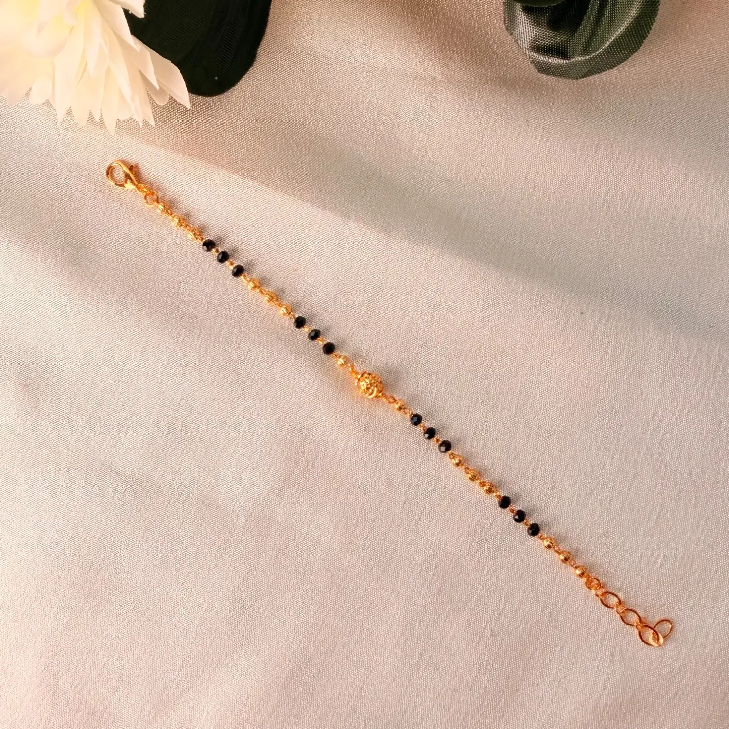Dainty Black Bead & Golden Ball Chain Bracelet