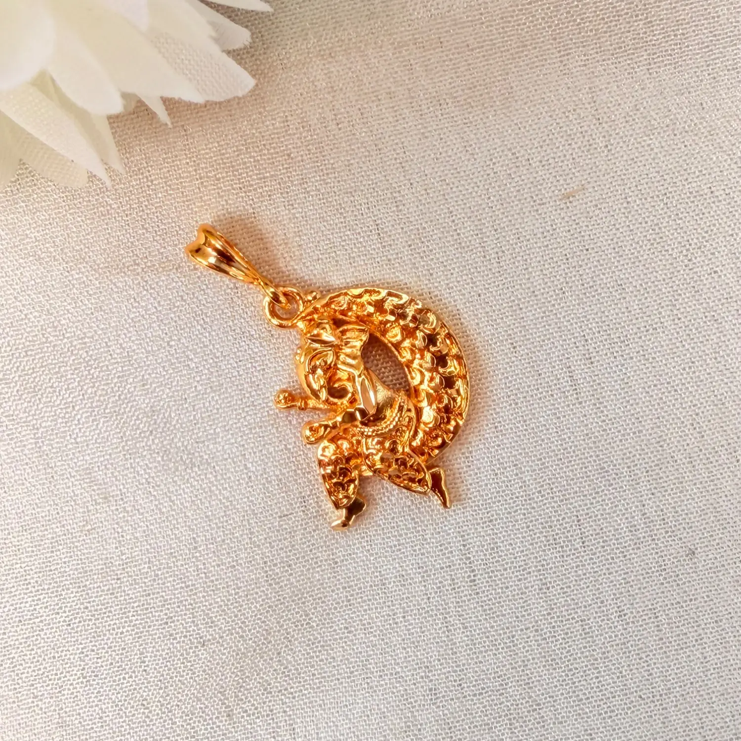 Seated Ganesha in Crescent Moon Gold-Plated Pendant