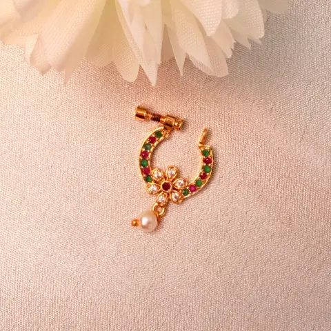 Navratna & Pearl Floral Nath Nose Pin