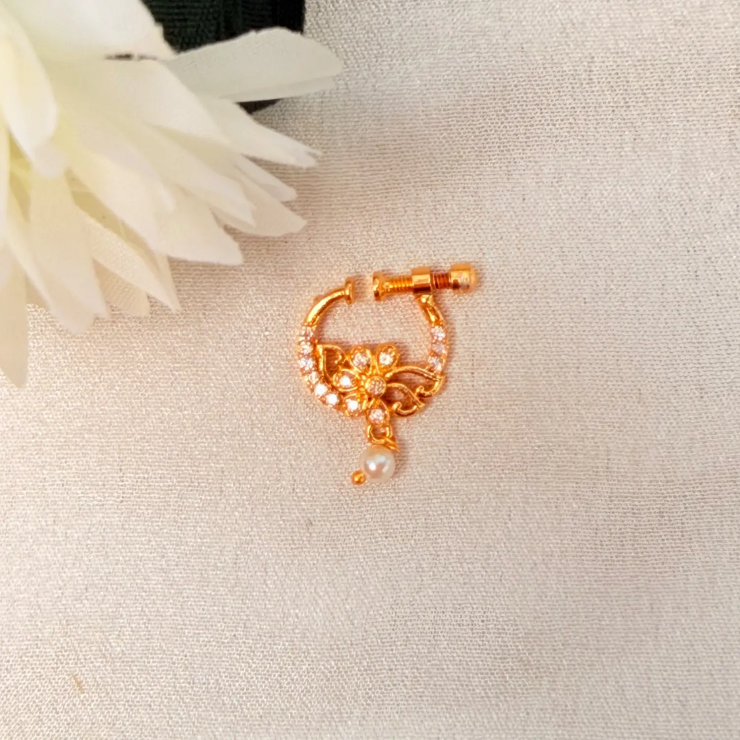 Floral Vine CZ & Pearl Nath Nose Pin