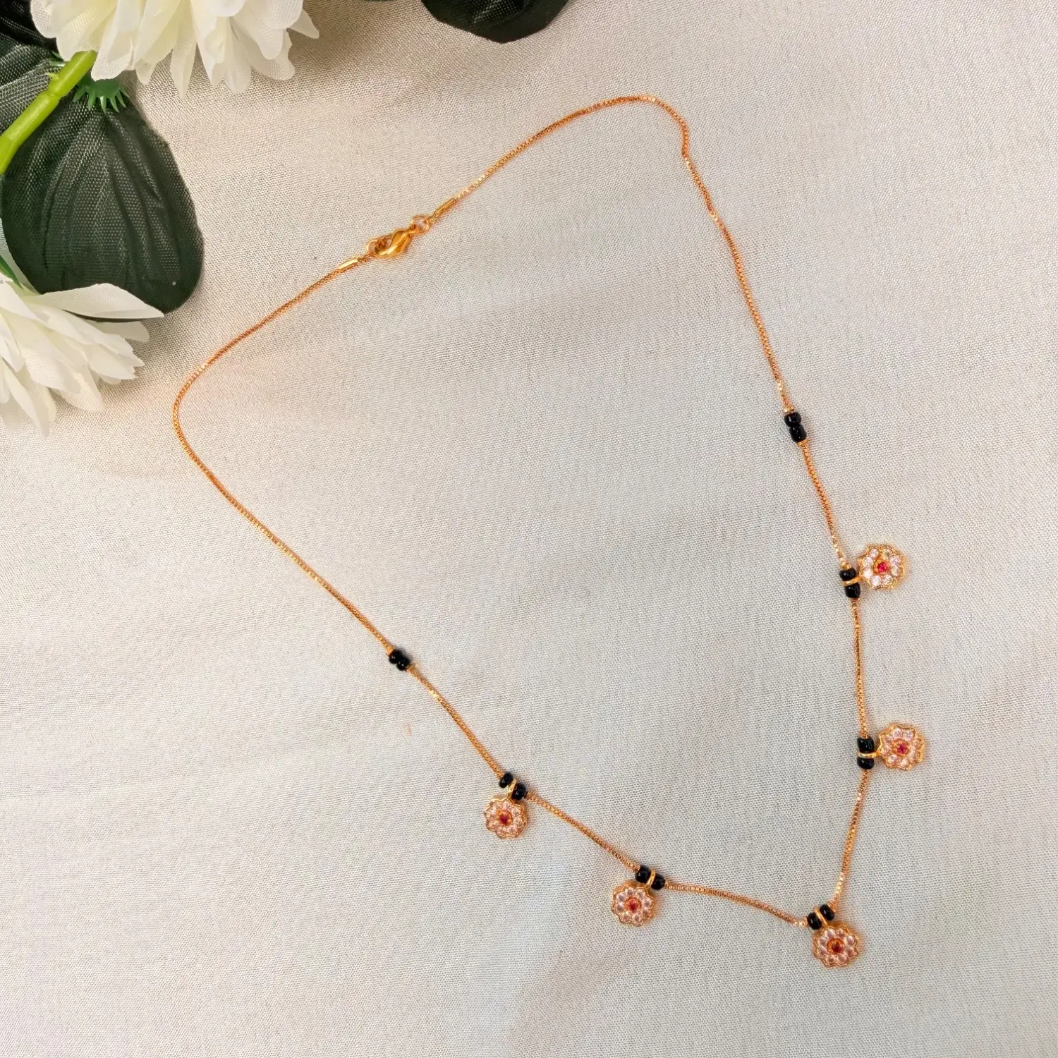 Multi-Floral CZ & Black Bead Mangalsutra Chain