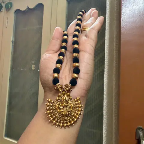 Black Velvet and Golden beads Lakshmi Neck Set
