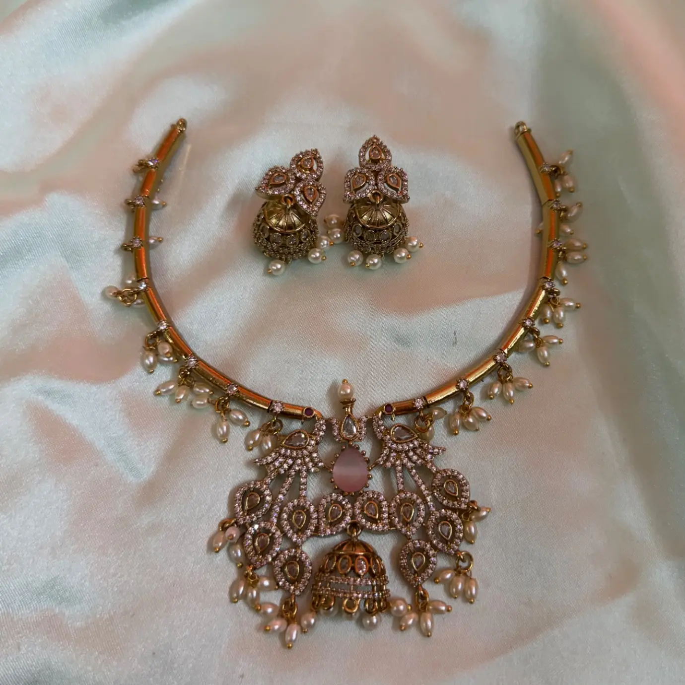 Pastel Pink Peacock Jhumka AD Neck Set