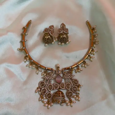 Pastel Pink Peacock Jhumka AD Neck Set
