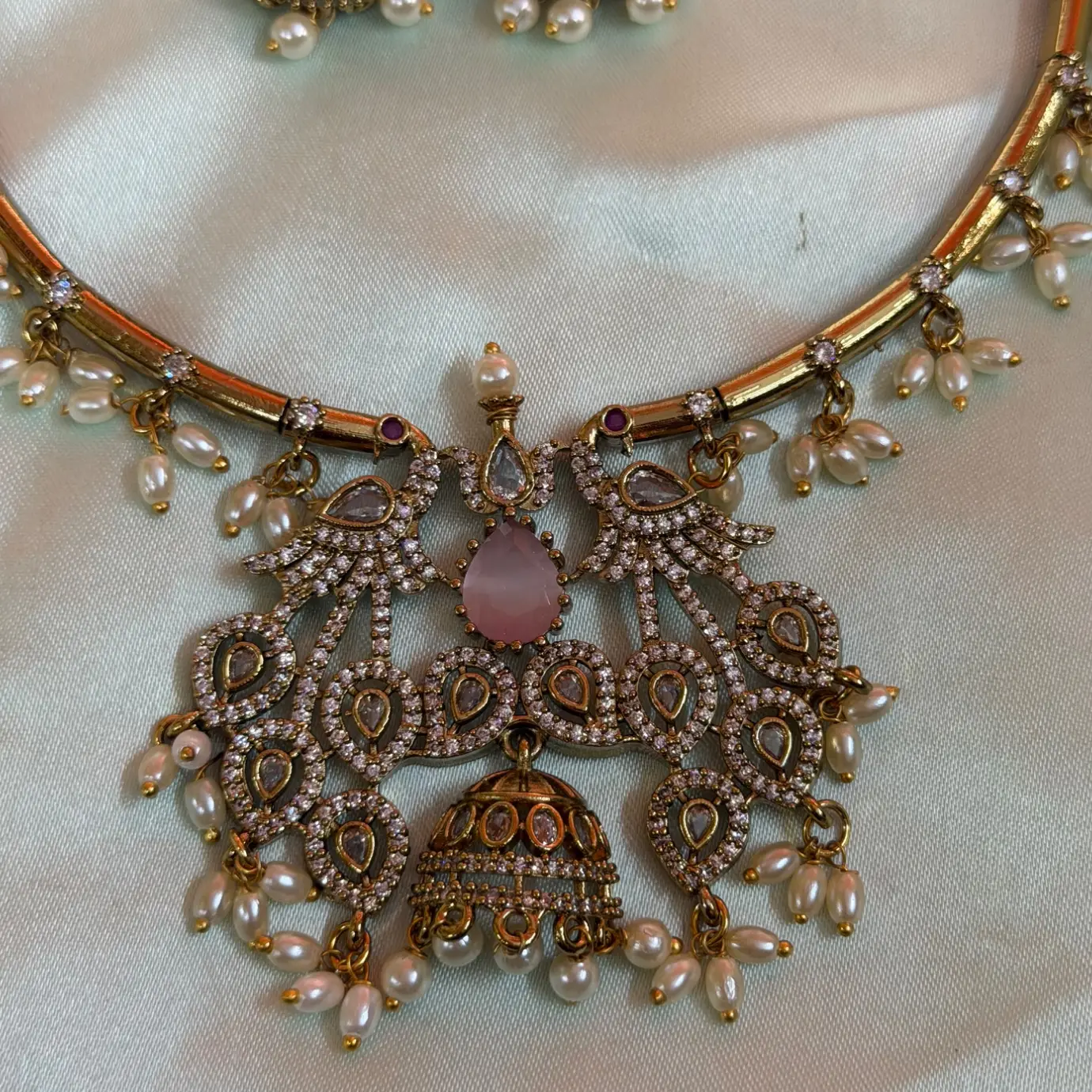 Pastel Pink Peacock Jhumka AD Neck Set