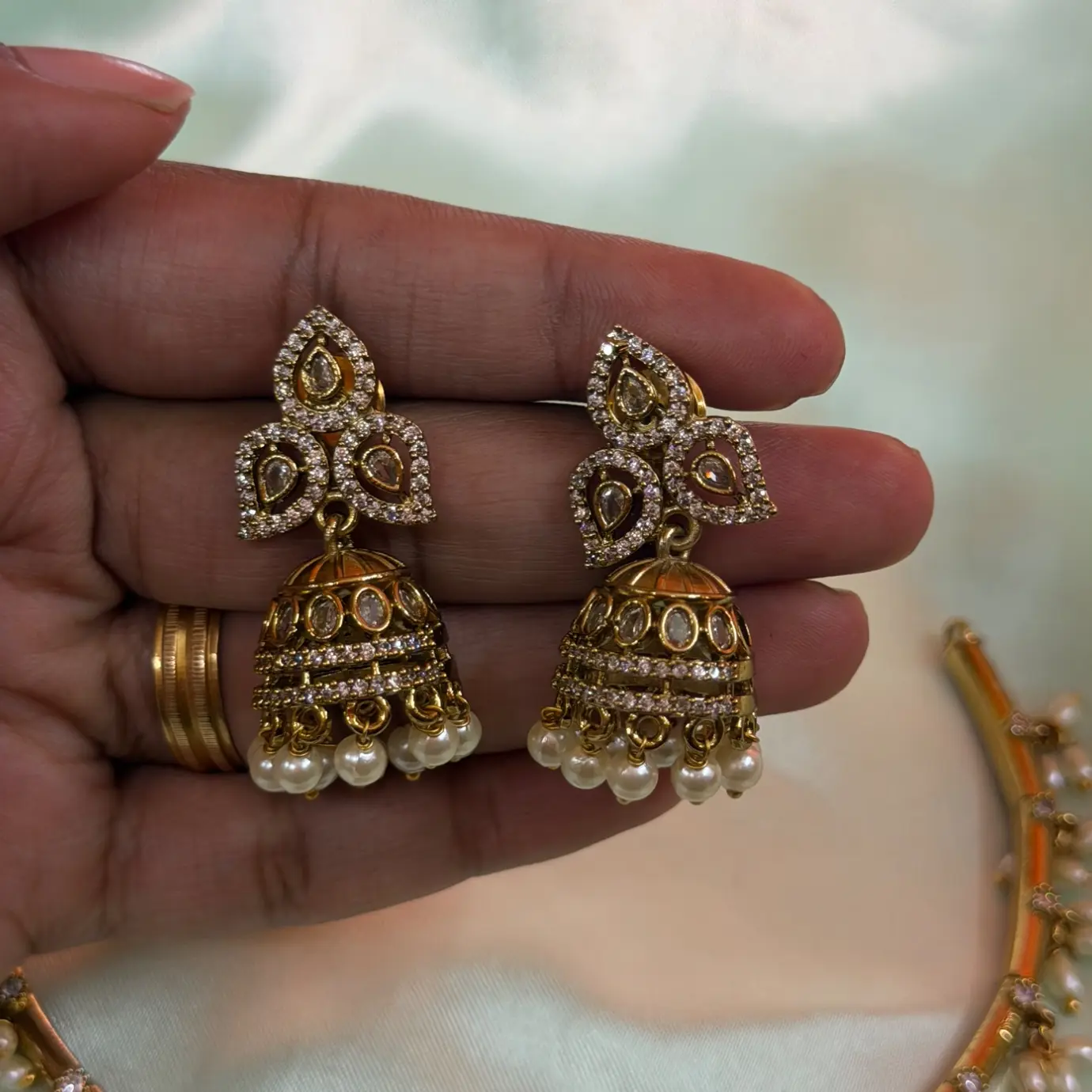 Pastel Pink Peacock Jhumka AD Neck Set